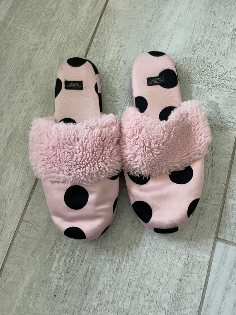 Victoria's Secret Pink and Black Polka Dot Plush Slide Slippers